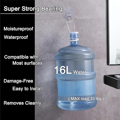 Miniatura 2 de Paquete de 15 ganchos grandes de pared adhesivos dobles, sin daños, impermeables, de 33 libras máximo, resistentes, para colgar, transparentes, sin