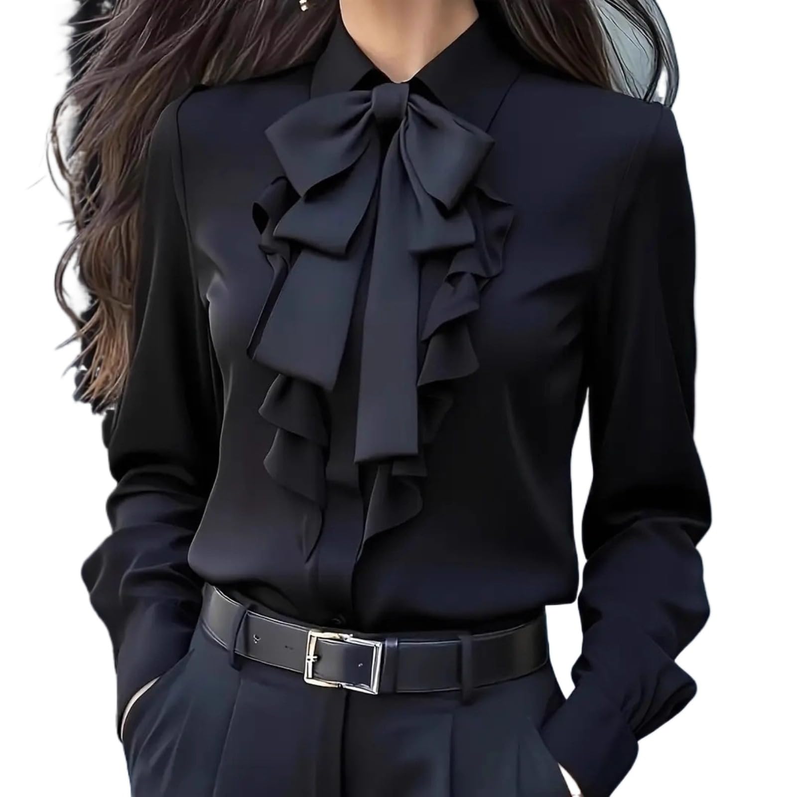 Camicette da donna con fiocco, stile vintage, a maniche lunghe, con volant, casual, da smoking, da lavoro
