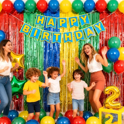 Image of 4 Packs Blue Red Green Yellow Foil Fringe Curtain, Blue Red Green Yellow Glitter Metallic Tinsel Backdrop for Birthday, Baby Shower, Video Game Theme Party Decorations Supplies