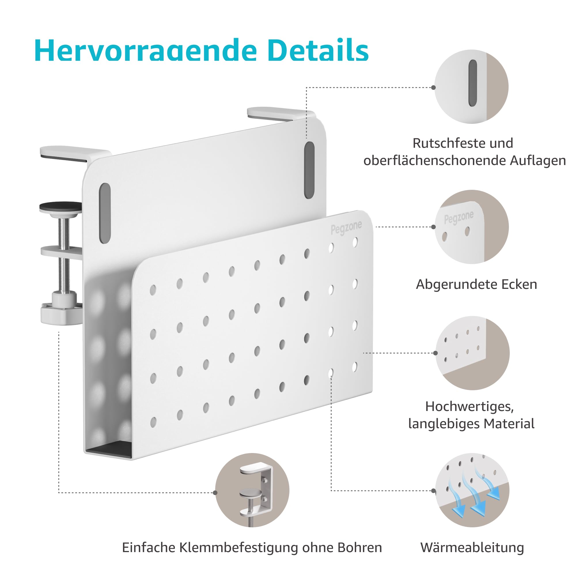 PEGZONE Schreibtisch Seitenaufbewahrung, Untertisch Laptop Halterung Aufbewahrung, Bohrfreier Laptop-Halter, Hängende Laptop-Halterung, Passt für flache Kanten von 1 cm bis 5,6 cm, Weiß