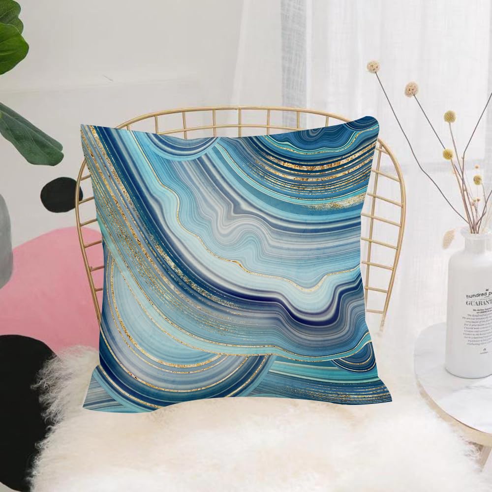 Hyosxw Abstract Stone Agate With Blue And Gold Vein - A1 Cushion Cover,Throw Pillow Case Home Decorative For Living Room Bedroom Sofa Chair 18X18 Inch,Abstract Stone Agate With Blue And Gold Veins,Pillowcase 45X45cm