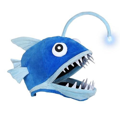 Lrvcnva Fish Costume Hat for Adult, Angler Fish Light up Costume Hat for Halloween/Themed Parties/Cosplay Events - Blue