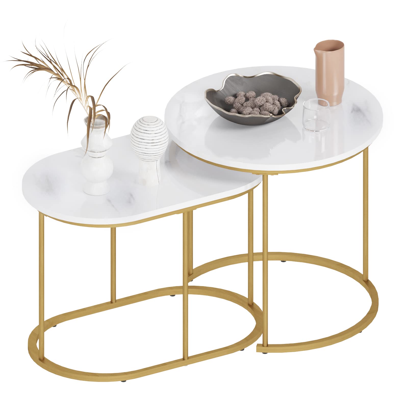 Photo 1 of SogesHome Round Nesting Table Set of 2, Stacking Side Round Tables, Golden Color Nesting End Table with Marble Pattern Wood for Living Room Balcony Office