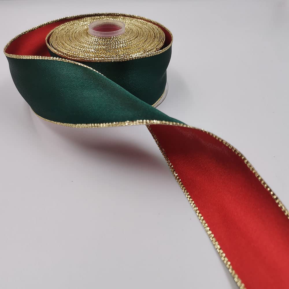 KLTRIBBON Wired Satin Ribbon Red Green with Gold Lurex Edges for Christmas,Gift Wrapping,Wreaths,Home Decor,1-1/2 Inch X 10 Yards - Image 3
