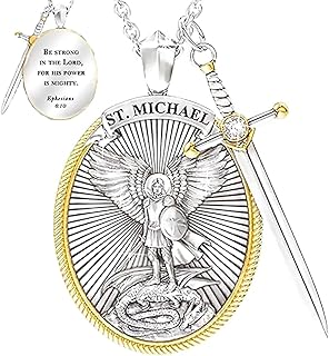 St. Michael Pendant Necklace for Men, Men's Archangel Michael Viking Necklace Pendant, Saint Michael Medal Necklace with Sword Shield Protection, Christian Catholic Gifts for Xmas Birthday Anniversary