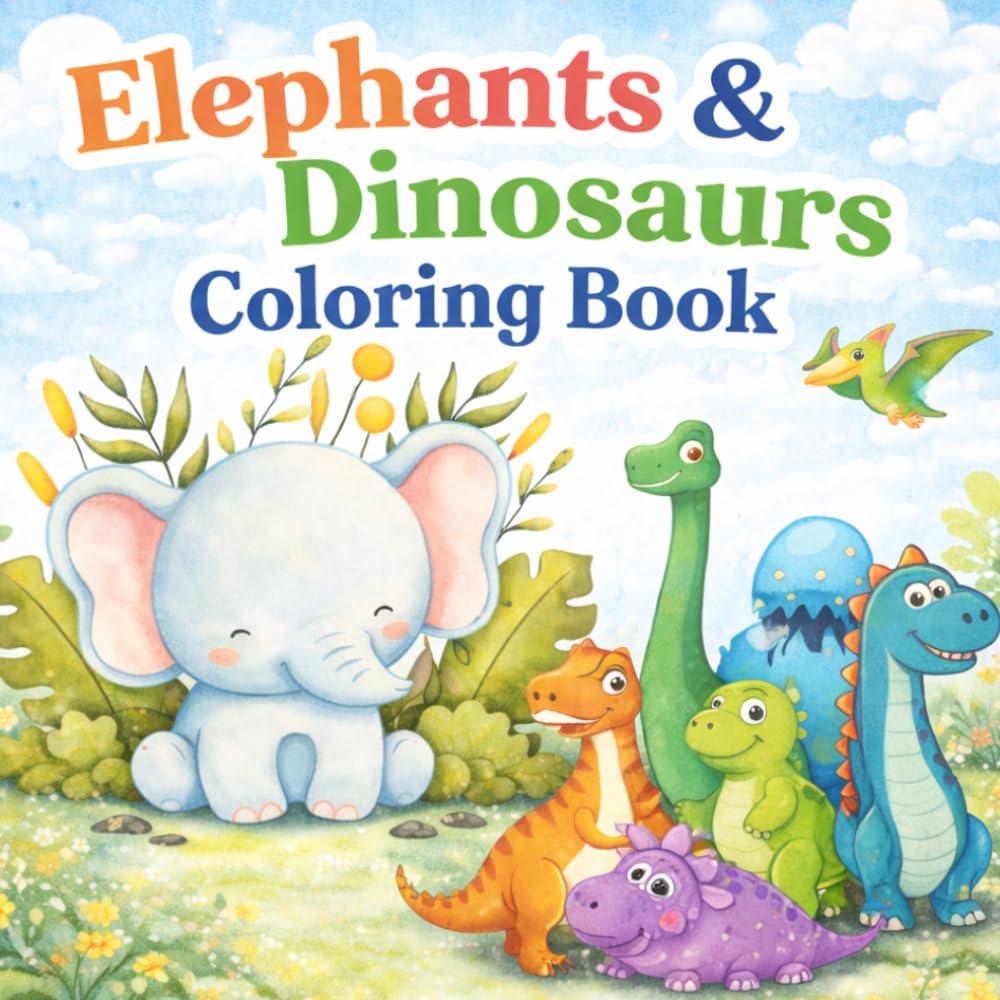 Elephants & Dinosaurs Coloring Book for Kids: Cute Animals and Dinosaurs Coloring Pages for Kids Ages 3–8