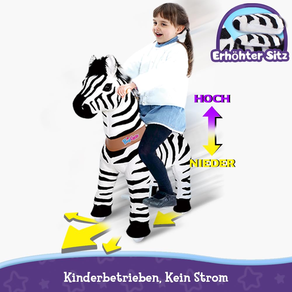 PonyCycle® Zebra Schaukelpferd | für Kinder 3–4 Jahre, 76cm | Plüsch Zebra Reitpferd mit Handbremse | Zebra auf Rollen, Schaukeltier, Kindergeburtstag | Klassisches Modell U – Ux368