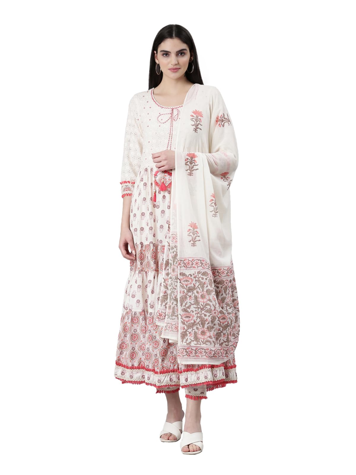 NEERU'S Women's Pure Cotton Orange Pleated Flared Printed Kurta and Trousers with Dupatta