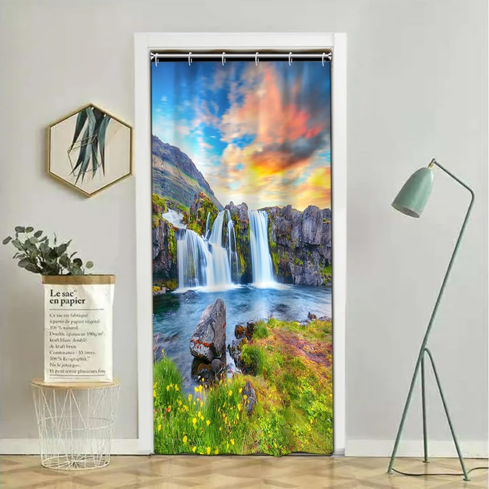Waterfall Shower Curtain Spring Natural Scenery Mountain Lake Green Grassland Bathroom Decoration Waterproof Fabric Modern Bath Accessories Set with Hooks, 72x72 Inch