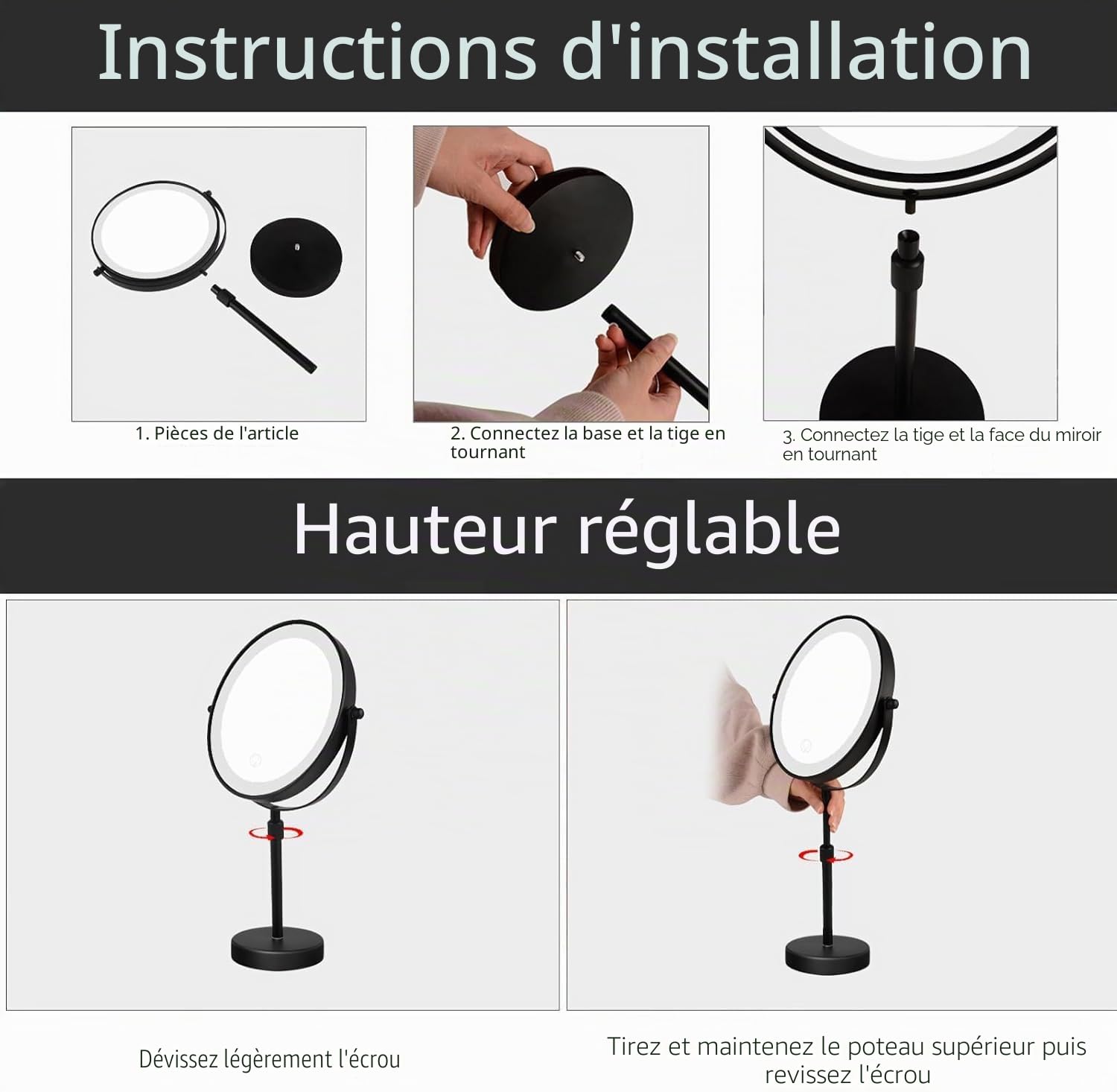 Nicesail Miroir de table réglable en hauteur Noir Miroir de maquillage avec éclairage Rechargeable Miroir cosmétique avec grossissement 5X, Diamètre 20 cm