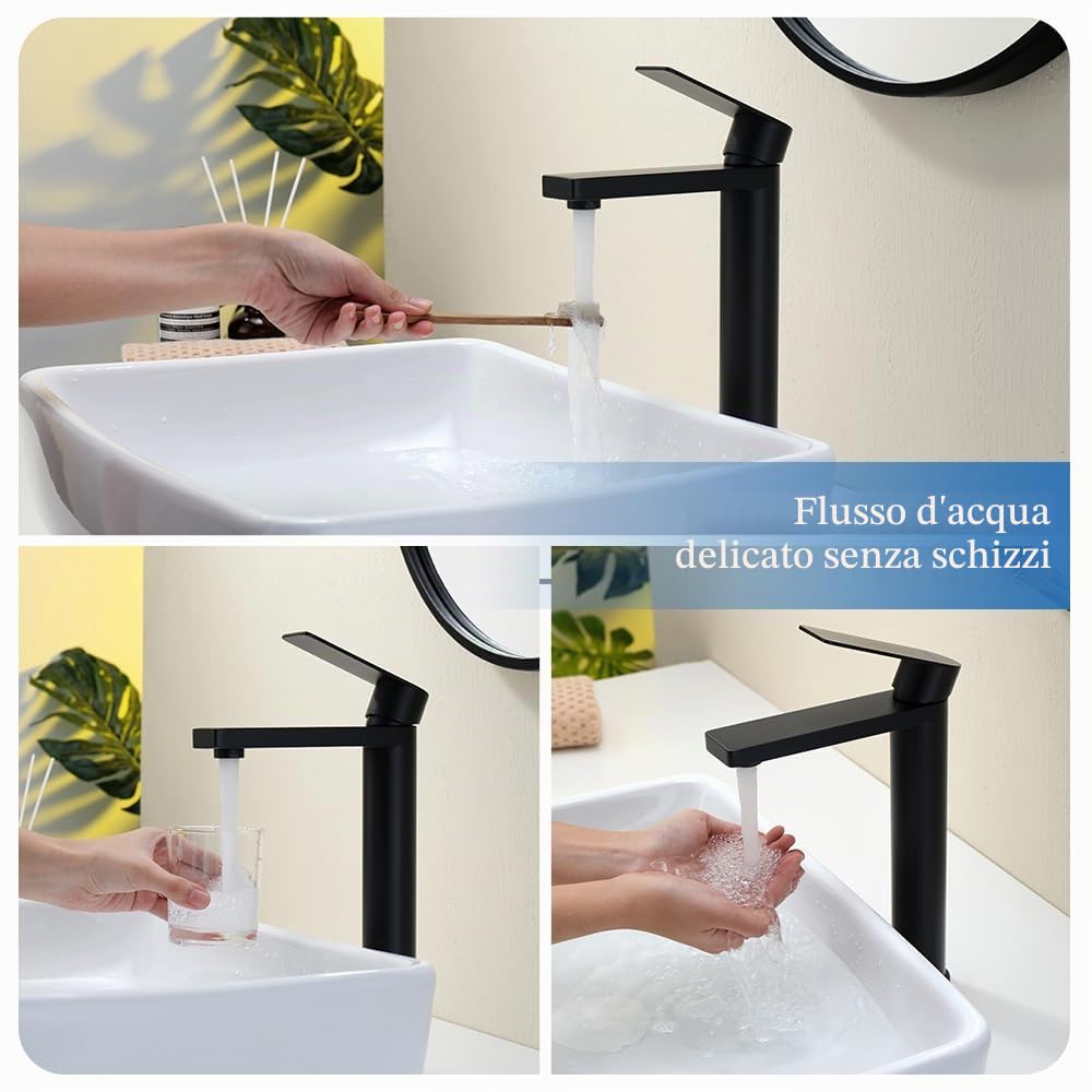 Decaura Rubinetto Bagno Lavabo Alto Nero con bocca alta 250mm, Miscelatore Monocomando per Lavabo Fredda e Calda Regolabile in acciaio inox