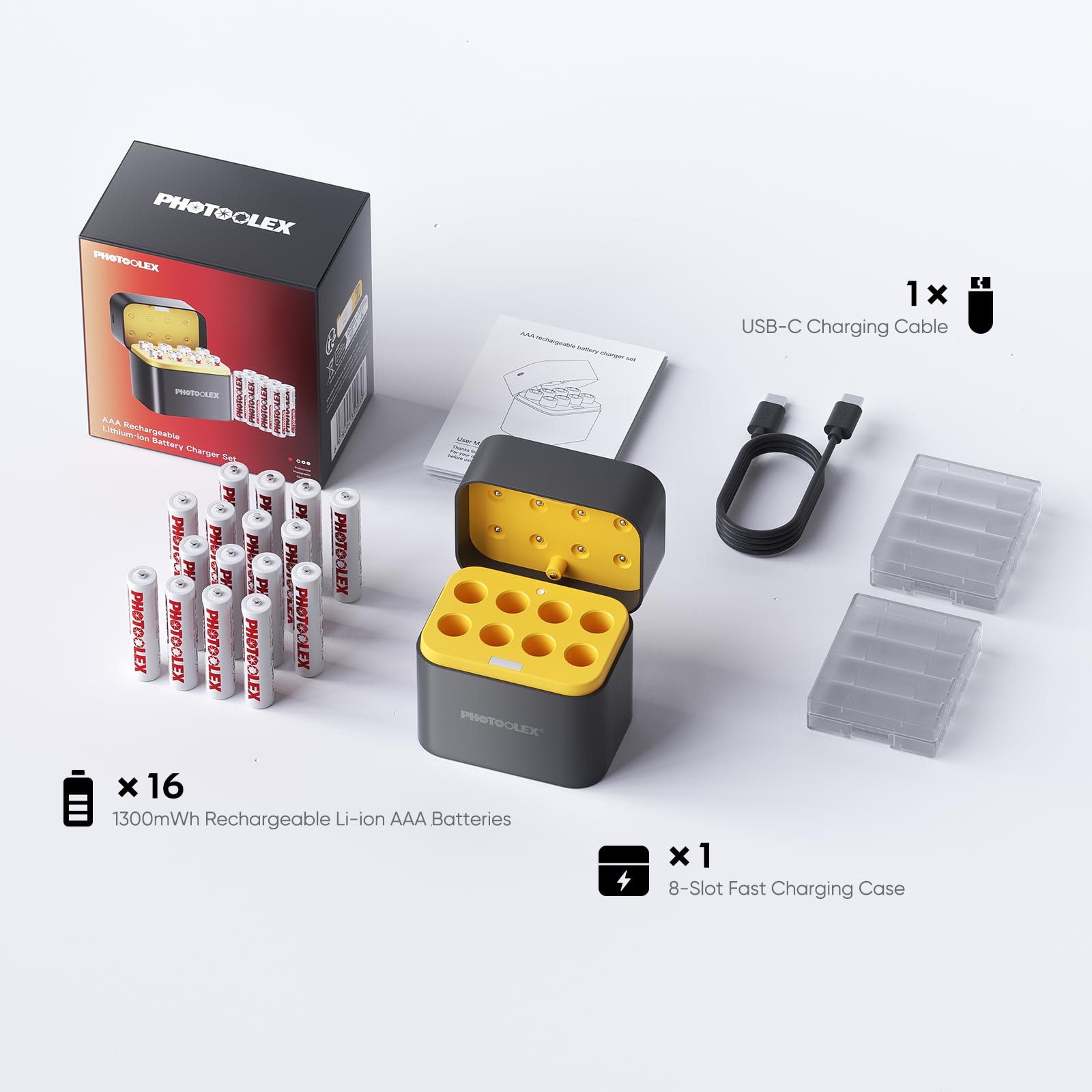 PHOTOOLEX Batterie AAA ricaricabili al litio 16 pezzi con caricatore a 8 slot, 1300 mWh ad alta capacità 1,5 V, batteria agli ioni di litio, 1600 cicli AAA con caricatore rapido