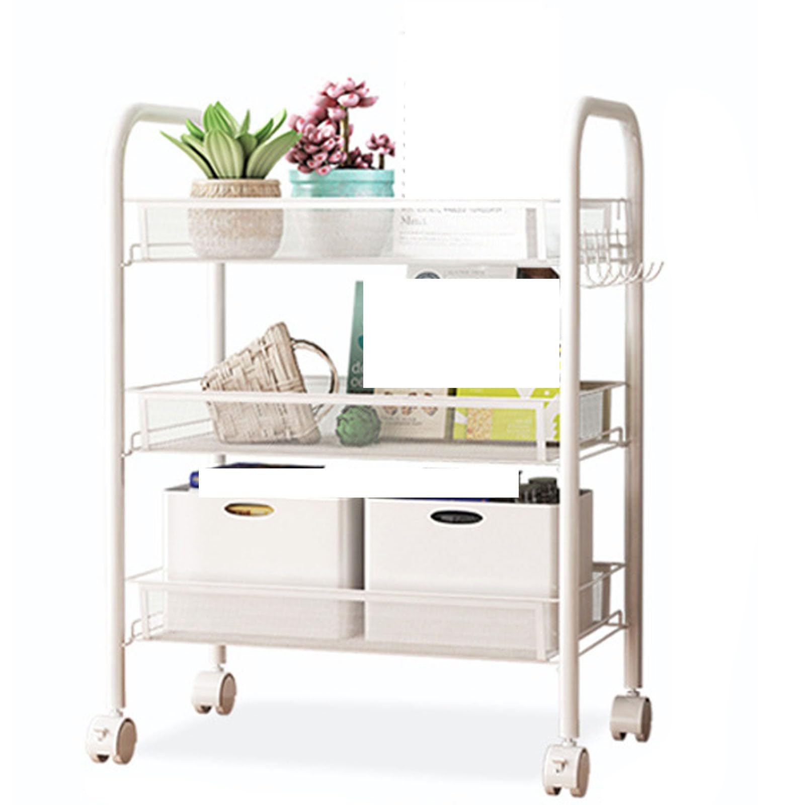 Eiwitany Mobile Racks, Net Baskets, Multi-layer Floor Trolleys Can Store Snacks, Cosmetics, Fruits and Vegetables, Books, Kitchen Utensils, Etc. (white three layers)