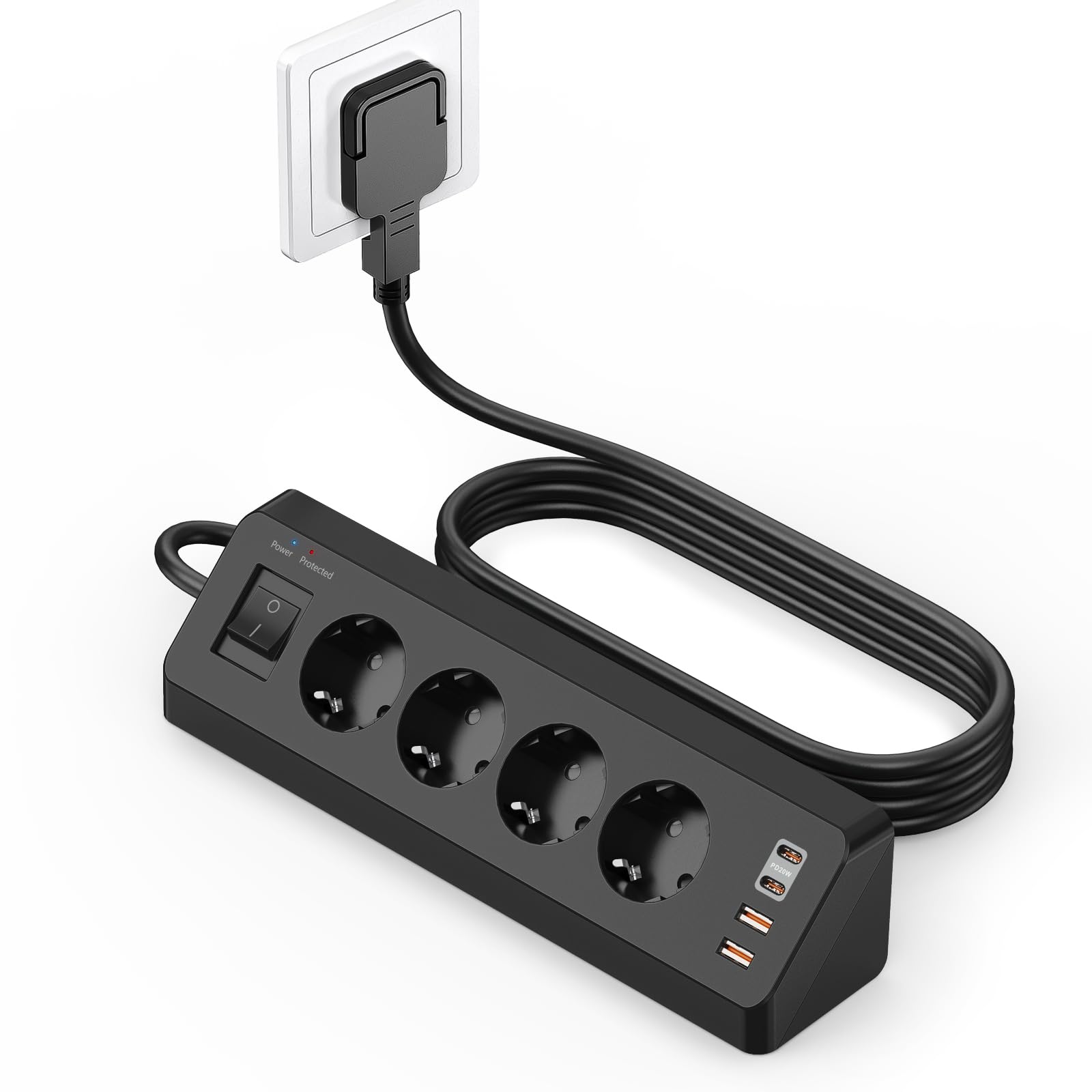 SUDEERY 4-Way Corner Socket Flat Plug with USB C (PD 20 W), SUDEERY 8-in-1 Power Strip, 4 USB Multiple Plugs with Switch, Power Strip, Surge Protection with 2 m Cable for Kitchen (Black)