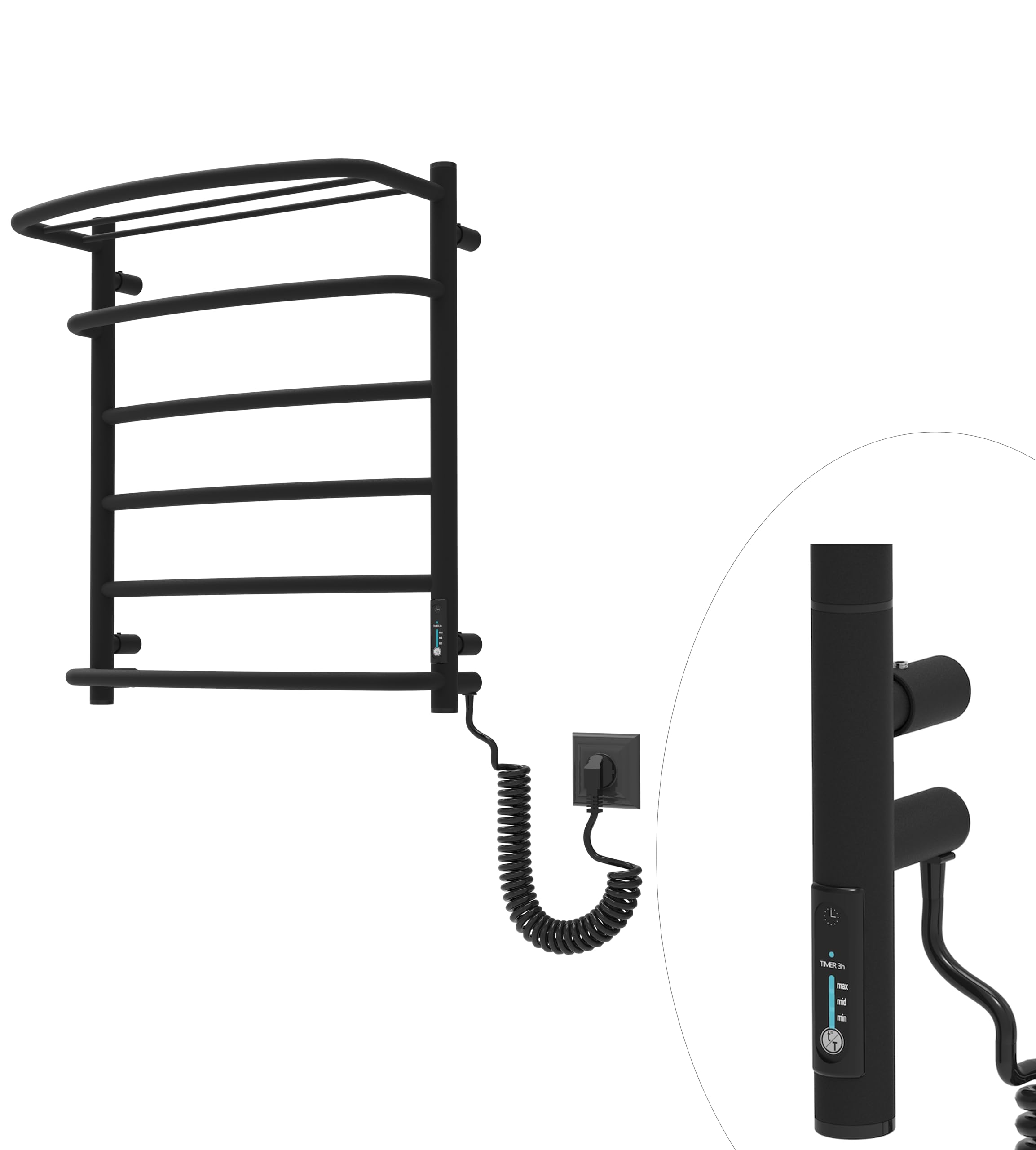 Elna Scaldasalviette Nero - 127W - 610x530mm - Elettrico con Ripiano - Per Casa e Famiglia - Acciaio Inox - Con Termostato, Timer & Eco - IP44 - Montaggio a parete