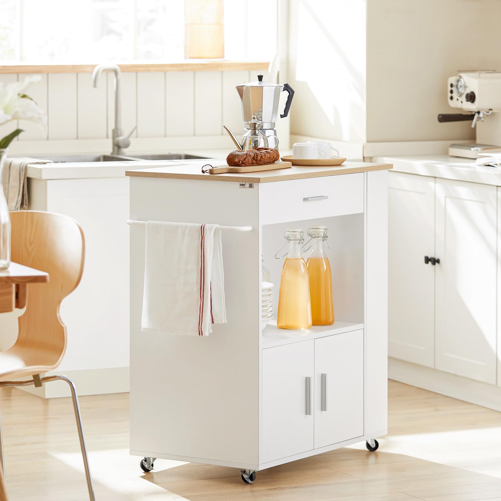 SoBuy Servierwagen mit Rollen Küchenwagen mit Arbeitsplatte Rollwagen Küche Kücheninsel mit Arbeitsplatte schmaler Mikrowellenschrank Küchenschrank Beistelltisch Holz Weiß 82×88×46 cm FKW113-WN