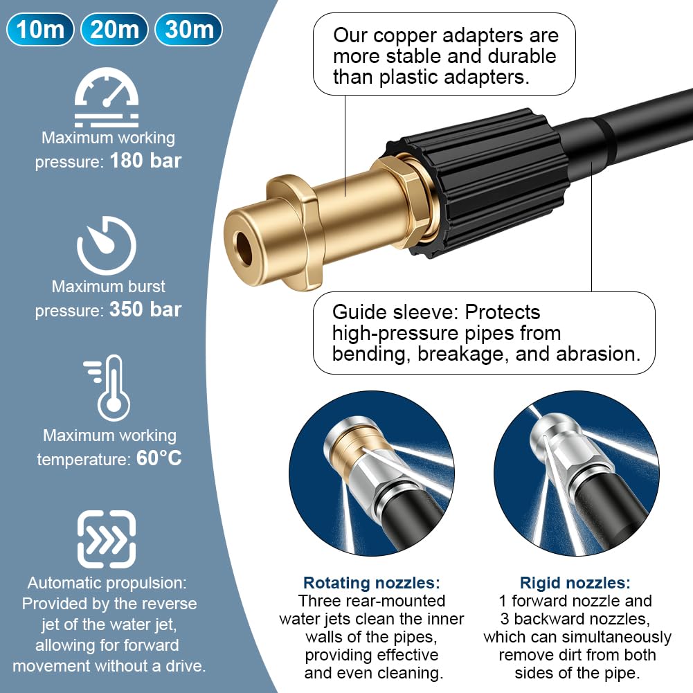 20M Kit Deboucheur Haute Pression, Kit de Tuyau de Nettoyage De Canalisation avec Buse Nettoyeur Haute Pression à Jet, Rotative et Adaptateurs, Compatible avec Karcher K2/K3/K4/K5/K6/K7