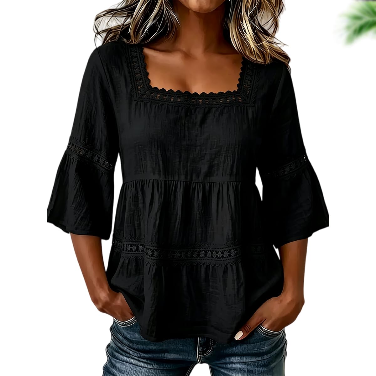 Blusa Bohemia de Mujer con Cuello Cuadrado y Mangas Tres Cuartos Acampanadas, Estilo Peplum, Corte Holgado, Ideal para el Verano