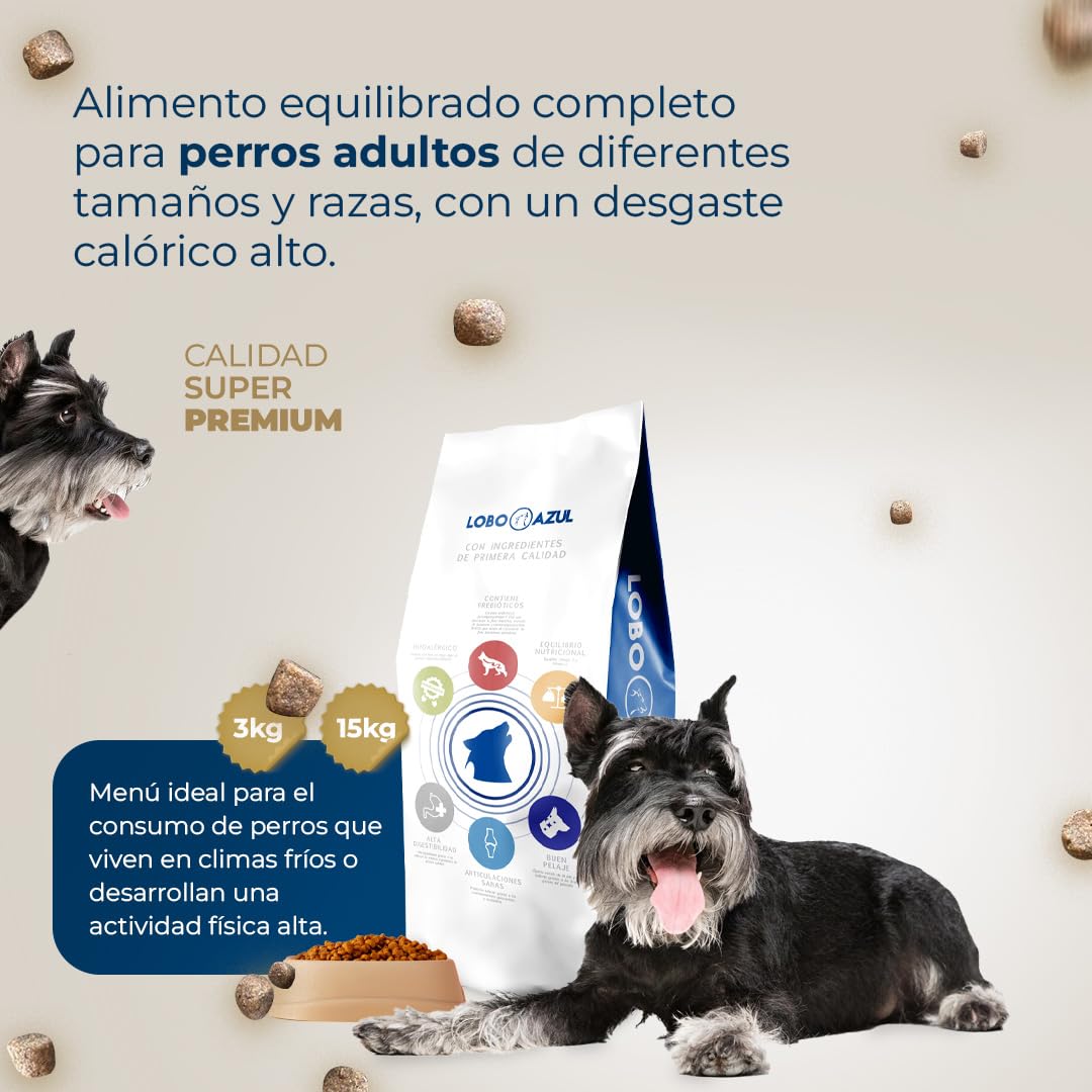 Pienso para Perros de Competición - Alto en Proteínas y Grasas para Desarrollo Muscular - Ideal Cazadores, Mushing, Rescate, Rendimiento - Alta Actividad Física - 15kg Lobo Azul Competición