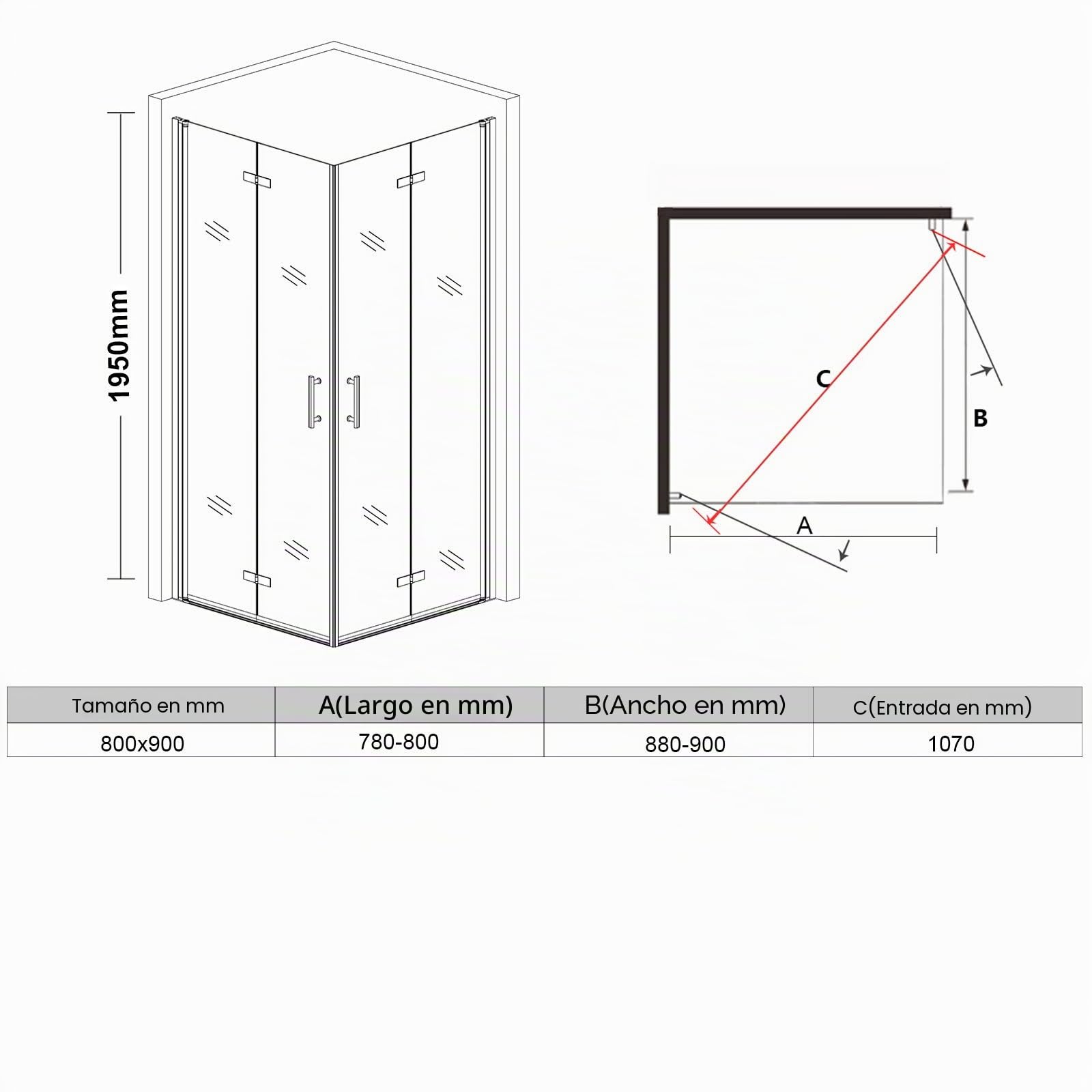 SONNI Mamparas de Ducha Fija Plegable Rectangular 90X80 CM con Apertura Central, 6 mm Vidrio Templado, Cabina de Ducha con Perfil Aluminio