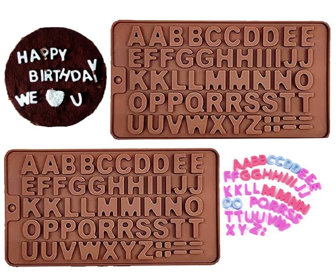 Alphabet Chocolate Mould 2 Pack Letter Silicone Mold for Cake Decorations, Candy & Sweets, Non-Stick Baking Tray for DIY Desserts, Ice Cubes, Kids Party (A-Z, Food Grade,)