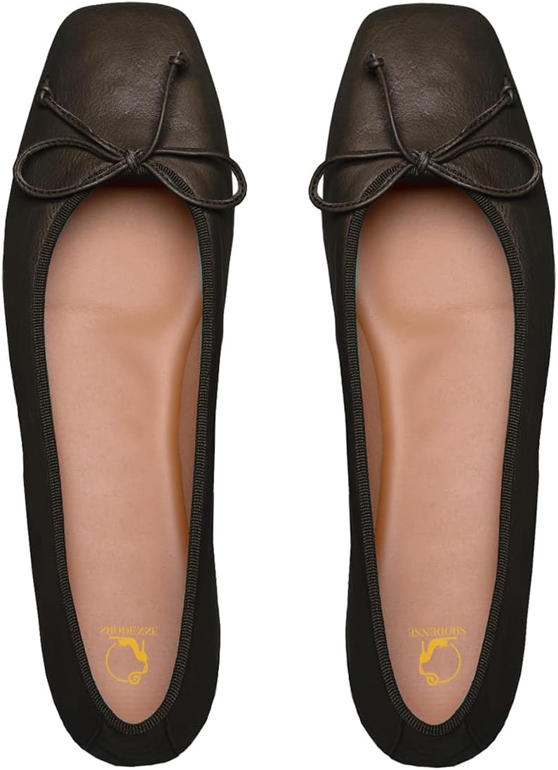 SHODENSE Women Flats Shoes Bow Square Closed Toe Ballet Flats Slip On Metallic Flat Shoe Matte Patent Leather Snakeskin Low Hidden Wedge Heel Office Work Shoes Driving Flats Club Church Fall 4-11 M US