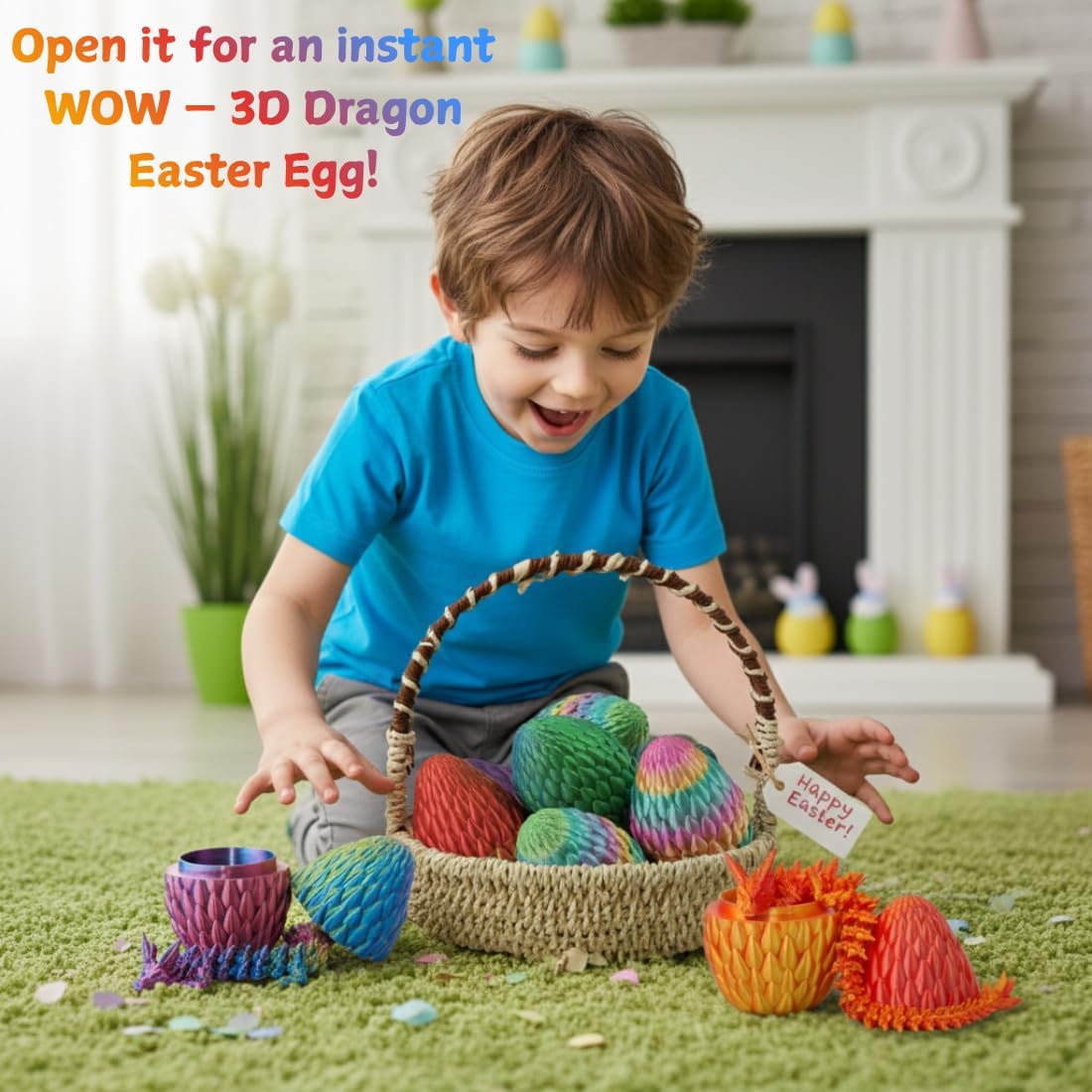 ELORION 12” 3D Printed Articulated Fidget Figure in 5” Egg , Prefilled Dragon Egg with Dragon Inside, Easter Basket Stuffer Gift (Multicolor)