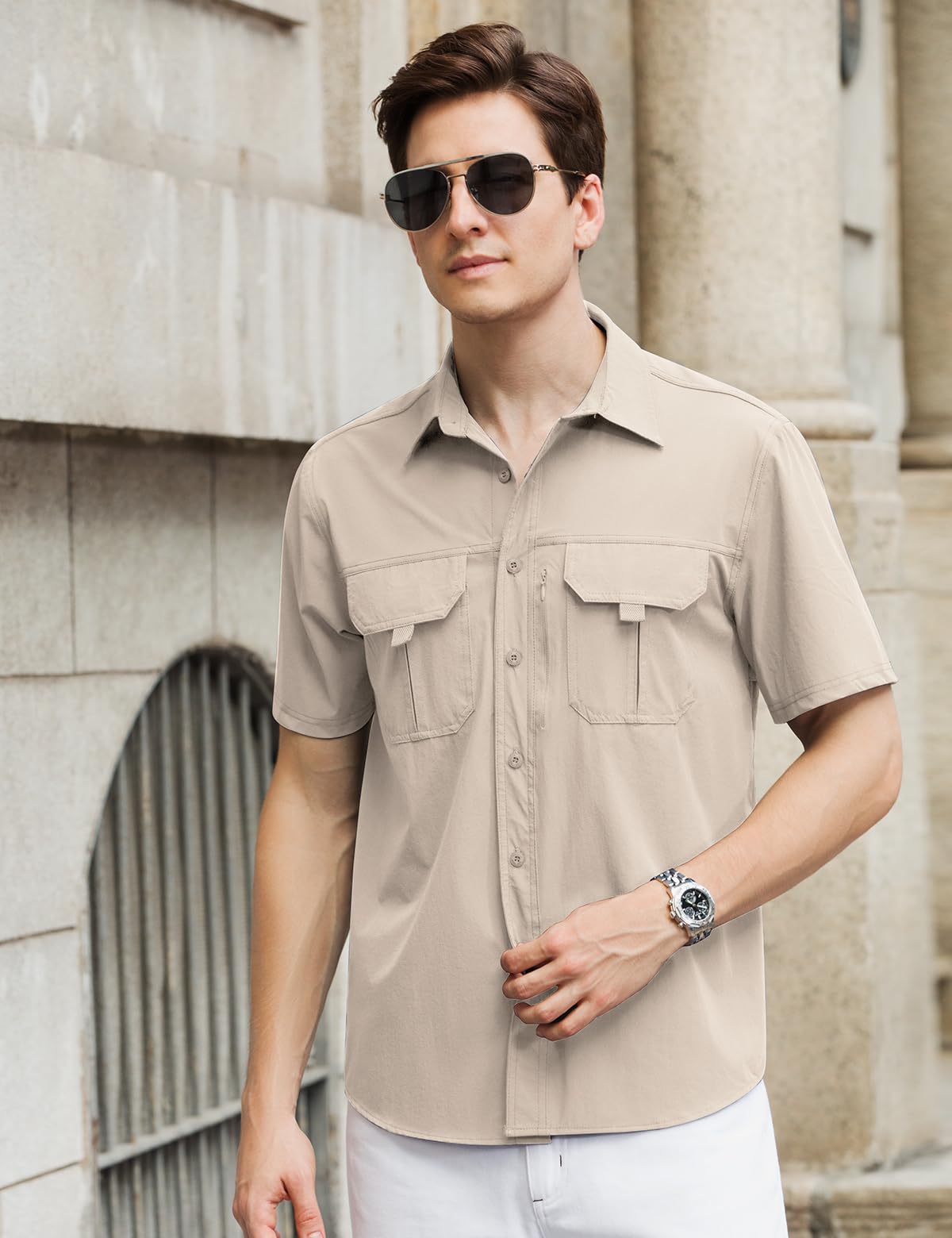 Camicia Safari da Uomo Lavoro Maniche Corte Sportiva Camicie da Pesca Escursionismo Outdoor Protezione UV