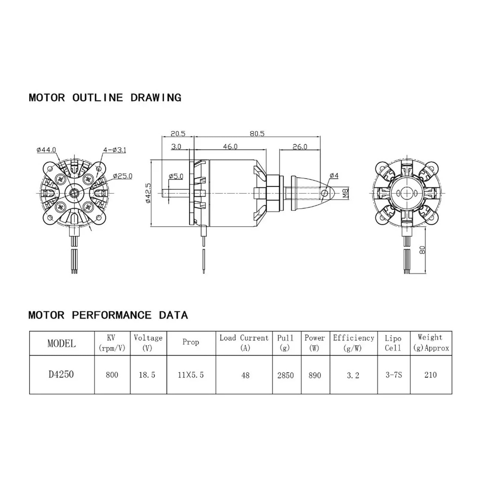 Motor sin escobillas D4250 600KV 800KV Outrunner 3-7S para Avión RC FPV Drone Ala Fija