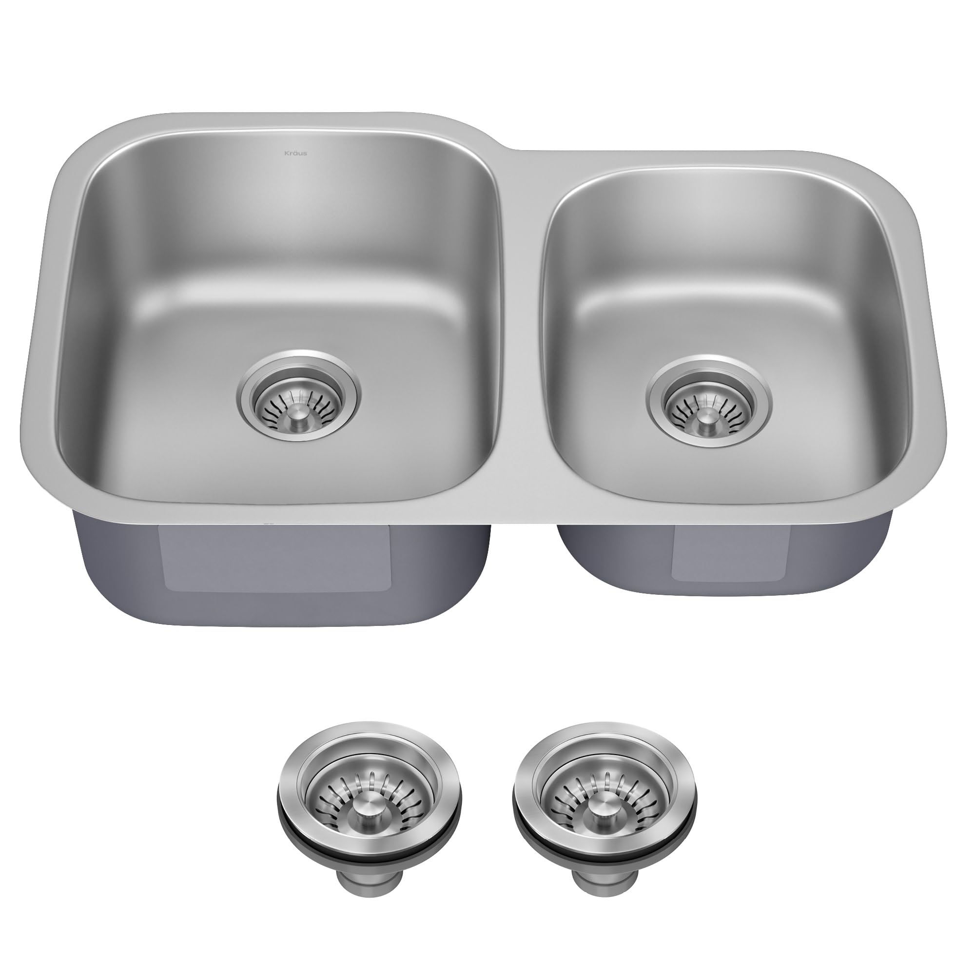 KRAUS Premier 32-inch Undermount 60/40 Double Bowl with Low Divider 18-Gauge Stainless Steel Kitchen Sink with Strainers (x2), KBU24
