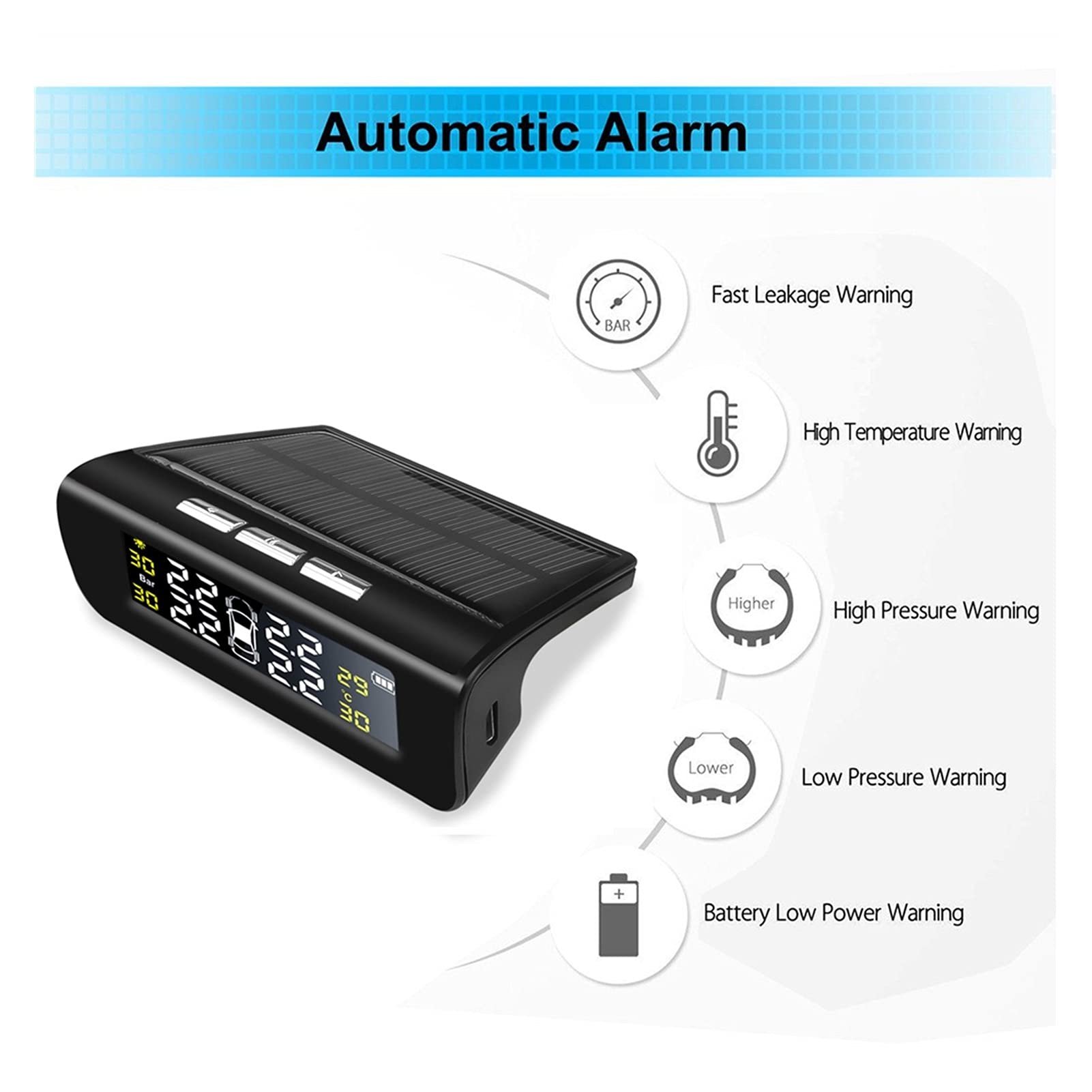 Strumenti di controllo della pressione dei pneumatici Sistema di monitoraneo per pneumatici per pneumatici per auto Smart Automobile solare TPMS. Pneumatici AVVERTENZA Avviso ad alta temperatura Senso