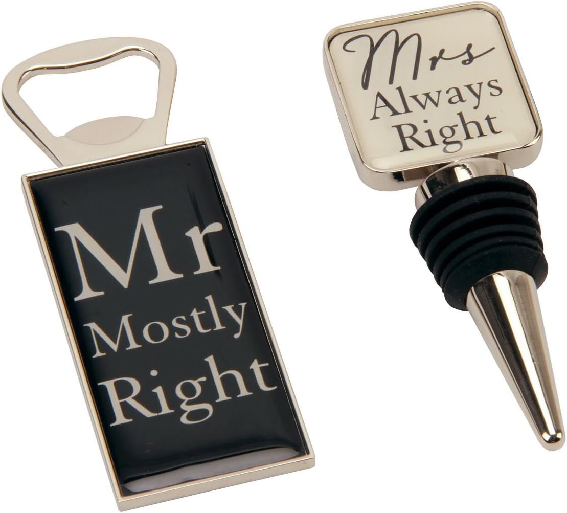 Mr Mostly Right & Mrs Always Right Bottle Opener & Bottlestopper Wedding Set in Gift Box by Amore
