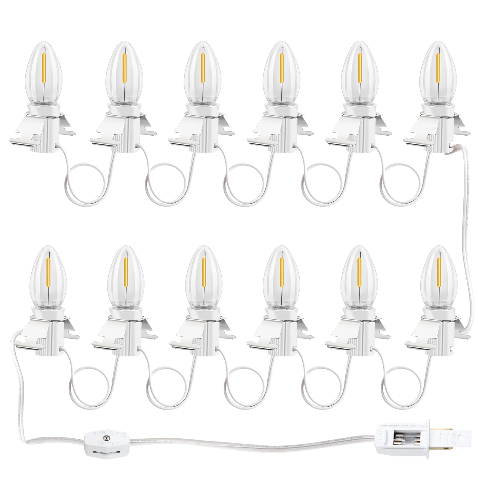 LCMLA C7 White Accessory Cord with 12 LED Light Bulbs and Outlet Christmas Village Light 14.76ft with Spare Fuse Warm White Lamp for Christmas Village Houses Craft Decoration