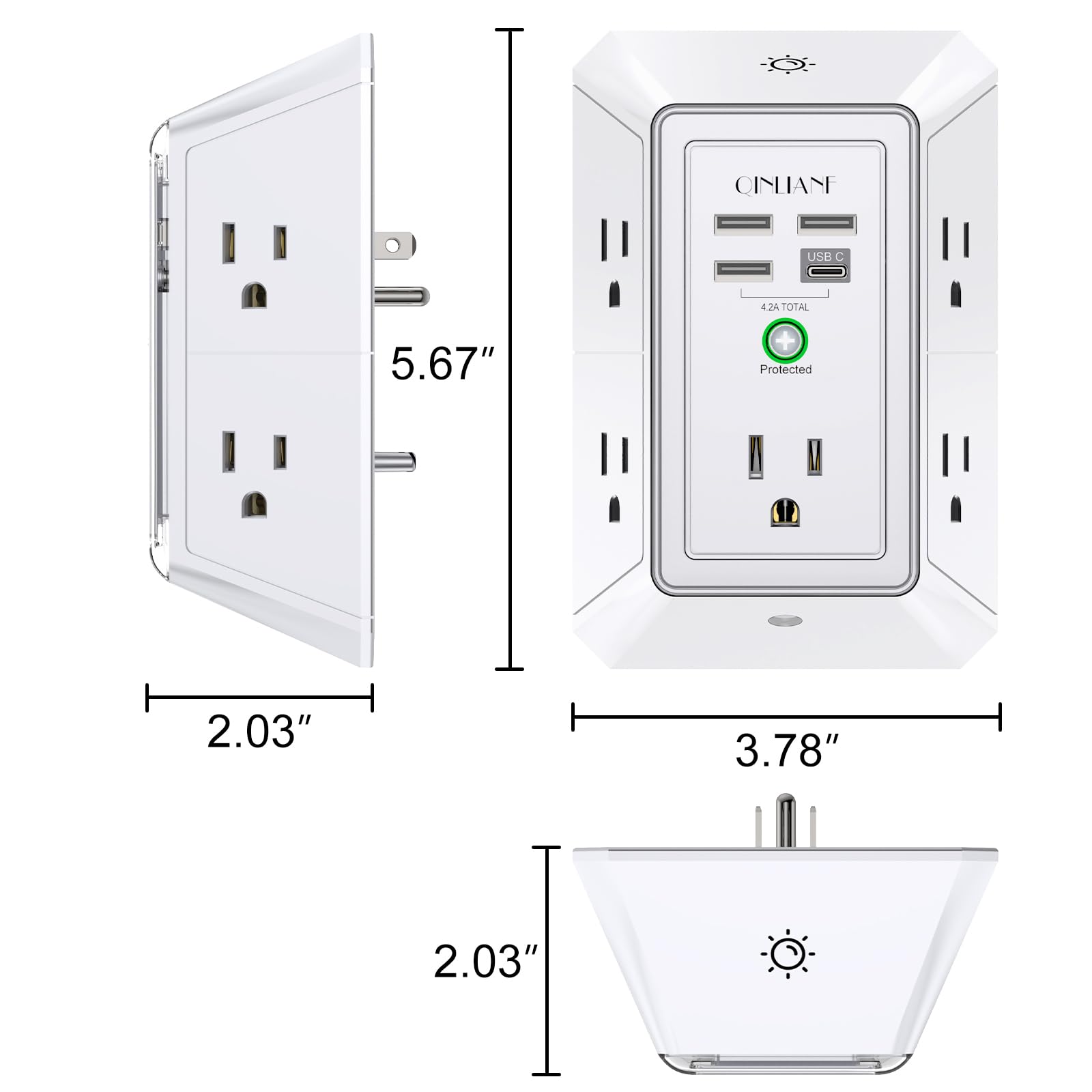 QINLIANF - Regleta de protección contra sobretensiones de 3 lados, enchufe múltiple con 5 extensores de salida y 4 puertos USB (1 USB-C) y luz nocturna, cargador de pared USB para el hogar, oficina