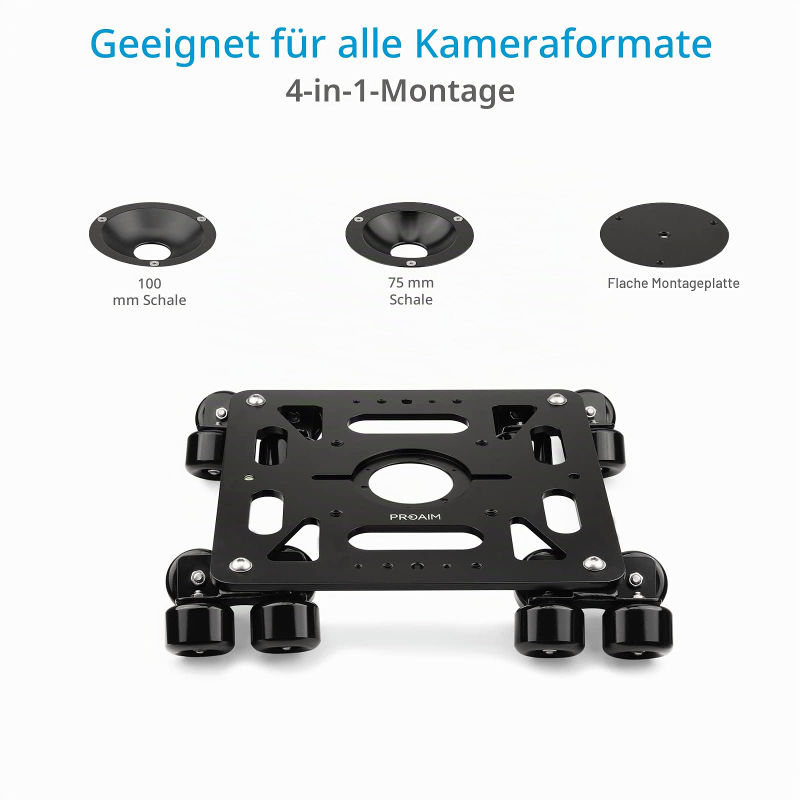 PROAIM Breeza Aluminium-Kamera-Dolly-Slider mit Schienenenden, 100 kg | CNC-Aluminium-Slider mit 16-Rad-Fahrwerken; für gerade/kurvige Schienen, Mitchell + 75/100mm Bowl-Mounts