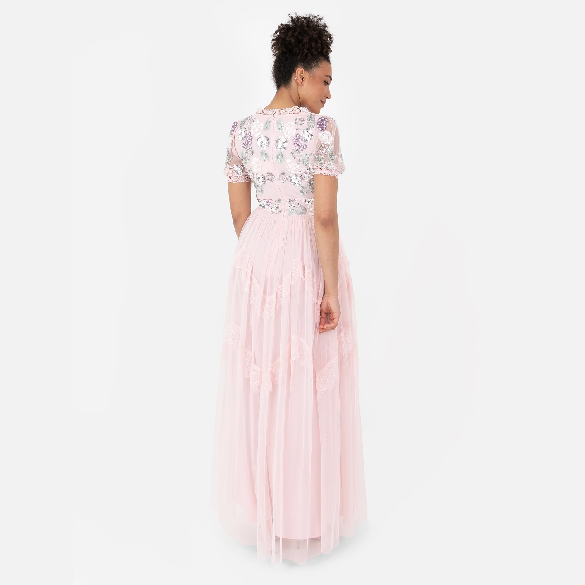 Maya Deluxe Damska sukienka maxi z krótkim rękawem z dekoltem w serek, wybijana koronka, tiulowa, rozcięta, linia A, dla panny młodej, różowa, 40, Crystal Pink, 40