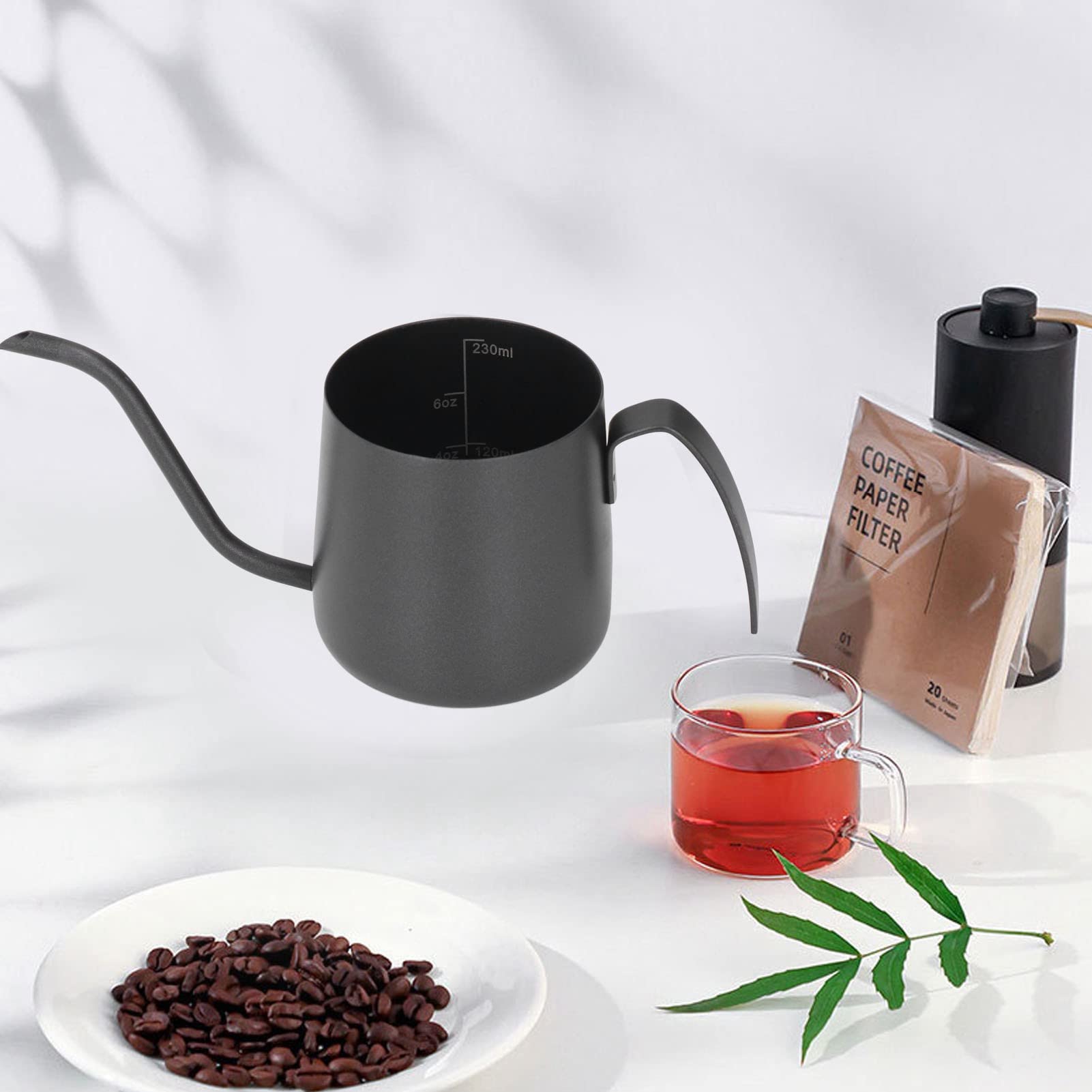 Gooseneck Kettle, Stainless Steel Coffee Kettle Pour over Coffee Tea Pot Comfortable Handle Stovetop Teapot with Scales for Camping Home Kitchen (Seven-character handle 250ml black (with scale))