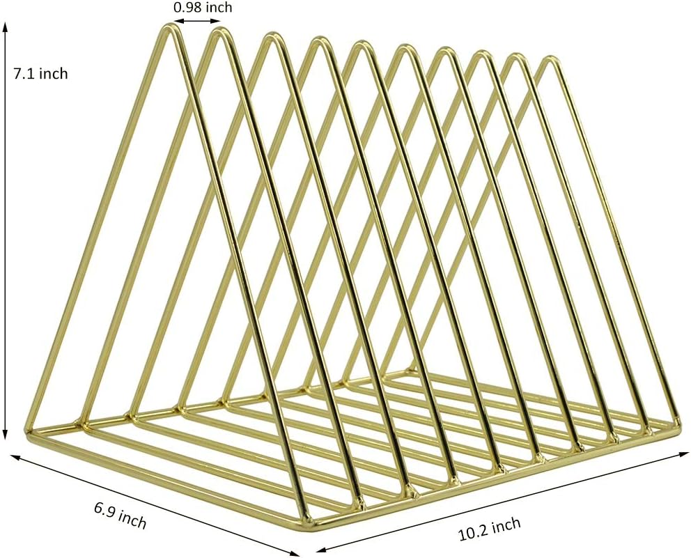 EASEPRES 9 Slot Magazine Rack Book Record Holder, Desktop Iron Storage Rack Bookshelf Multifunction Triangle File Organizer Sorter for Decor Home Office, Golden Pack of 2