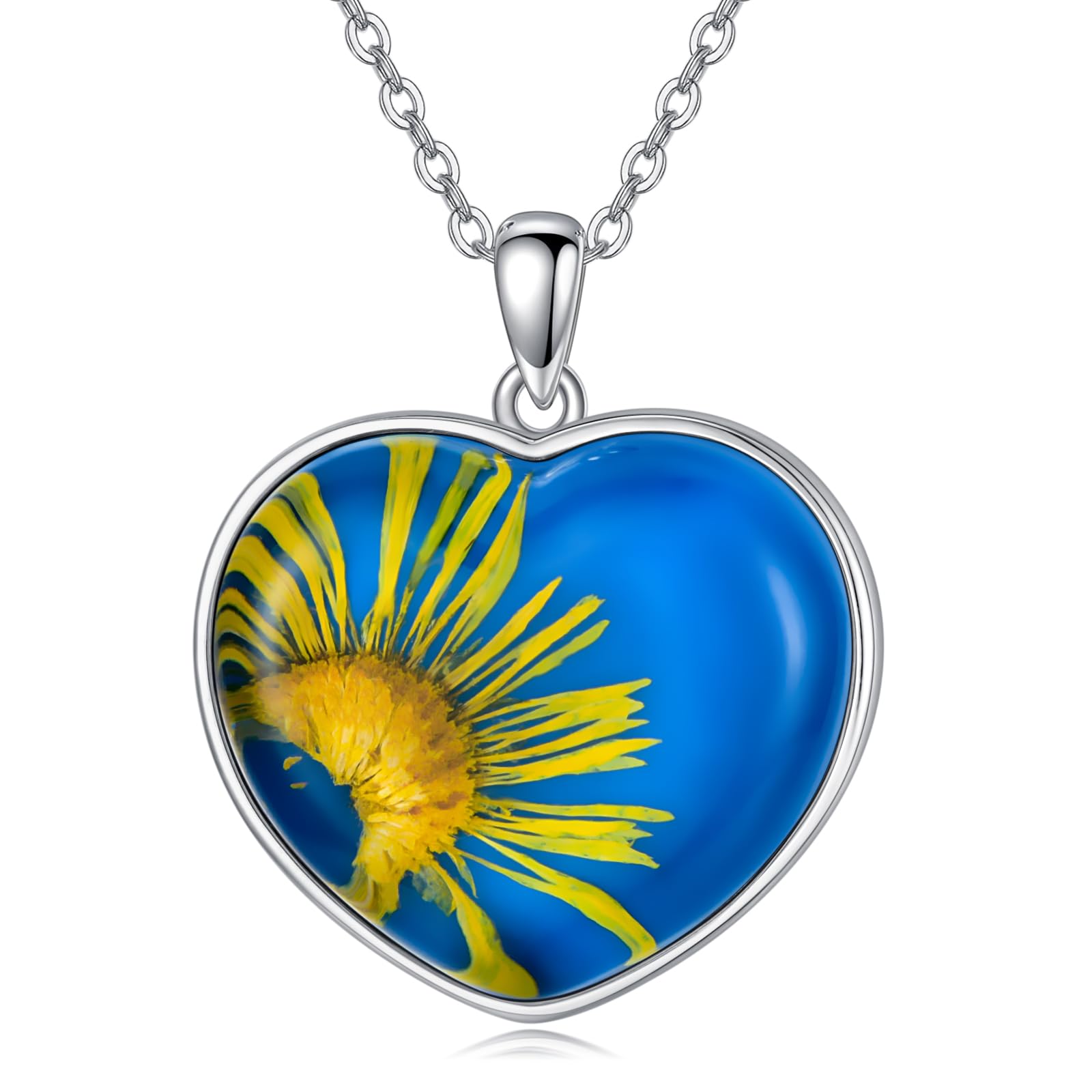 Collar de flores secas para mujer de plata de ley 925, colgante de resina de girasol en forma de corazón, elegante decoración floral