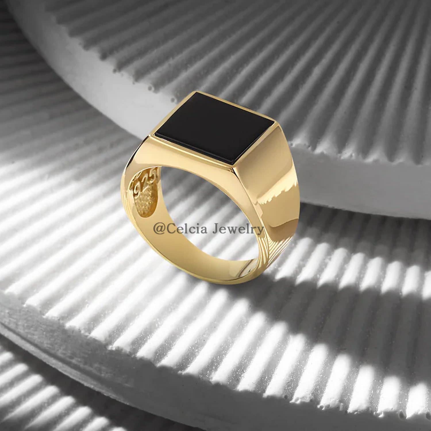 Black Onyx Natural 12MM Gemstone Ring, Real 925 Sterling Silver, Turkish Arabic Promise Ring, Mens Signet Ring, Unique Gifts for Him, Yellow Gold Vermeil Ring, (black-onyx (yellow)