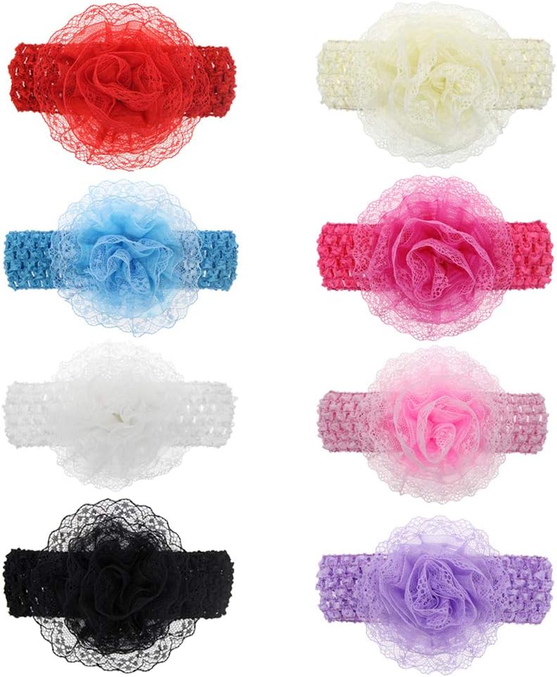 Baby Girls Headband Elastic Stretch Headwraps Turban Breath Mesh Soft Lace Headbands Flower Hair Accessories for Newborn Infants Toddlers (8 Pack)