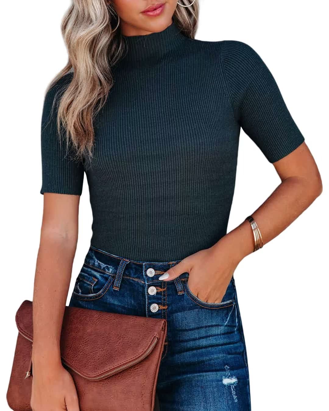 Lacozy Women's Mock Neck Short Sleeve Ribbed Knit Pullover Sweater Tops