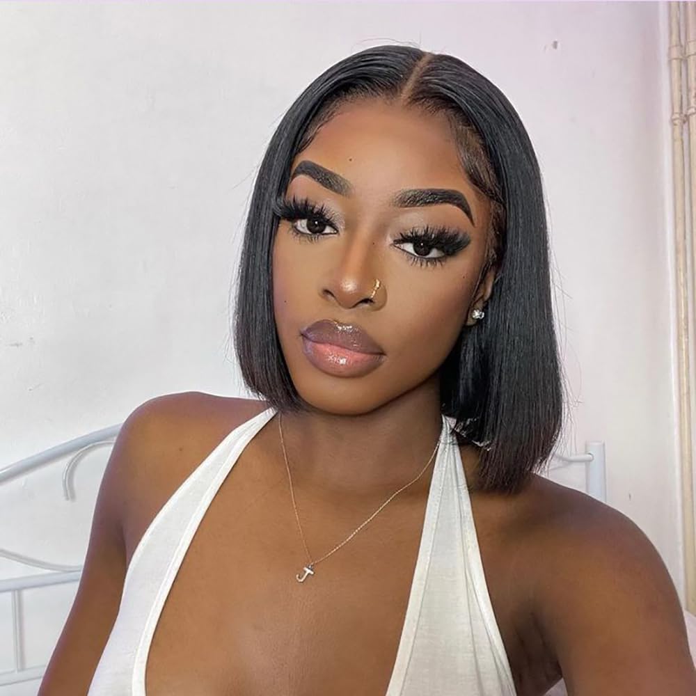 Ali Pearl Straight Bob Wig Human Hair 7x4 Lace Front Wigs Human Hair Bob 10 Inch for Women Ready to Go Glueless Wigs Pre Plucked Real 180% Density Short Bob Wig