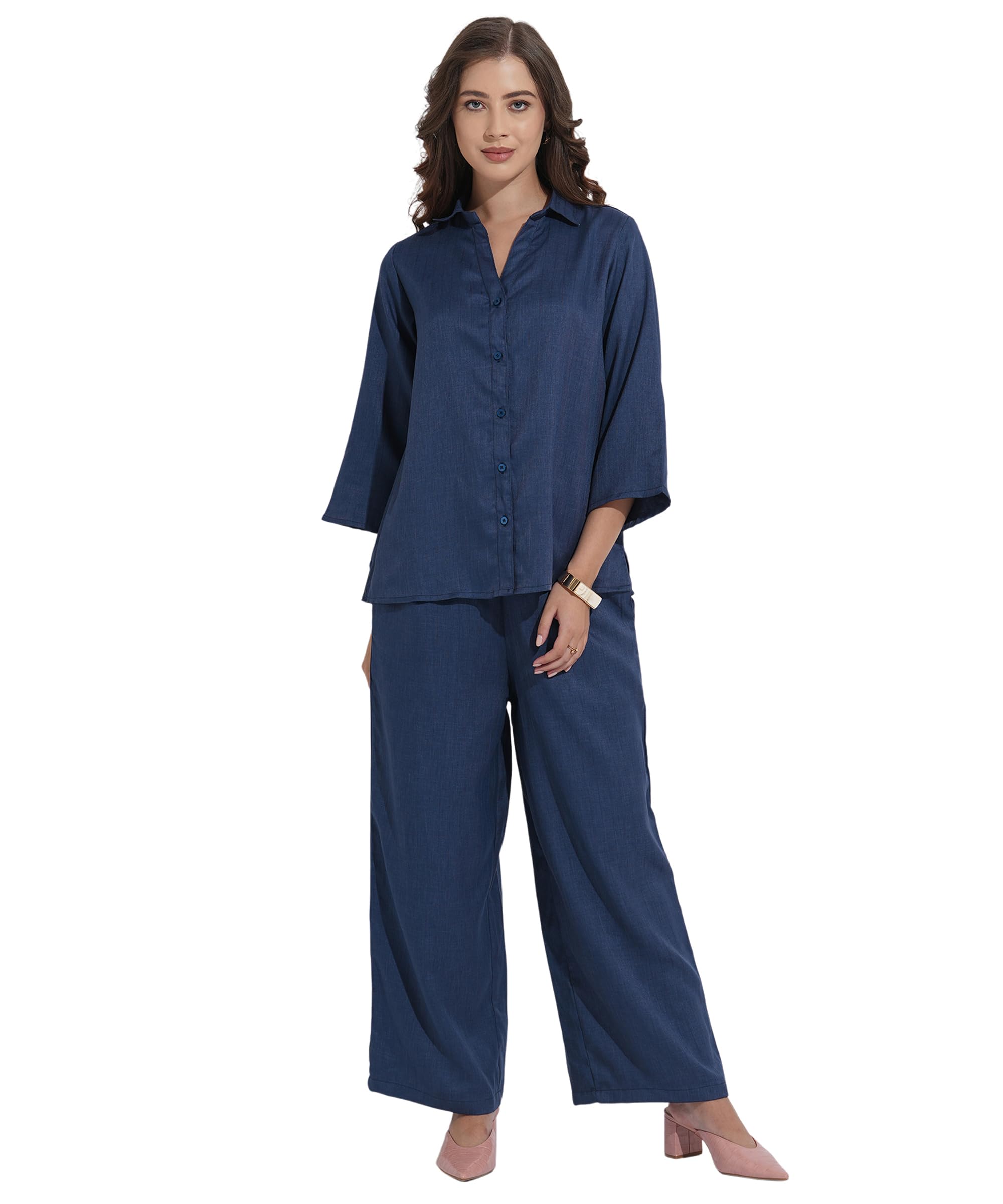 Fashfun Women's Denim Shirt With Wide Leg Trouser Cordset