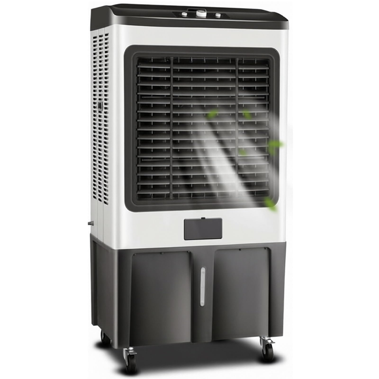 Climatizador evaporativo industrial portátil depósito 110L, 3 velocidades, doble regulación de aire, ruedas 360° con frenos, medidas 130×62×42cm para talleres, almacenes y puestos de mercado
