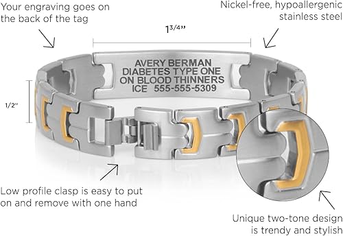 Miniatura 10 de Lauren's Hope Pulsera de identificación de alerta médica de acero duradero para hombres y mujeres, grabado personalizado, diabetes, marcapasos,