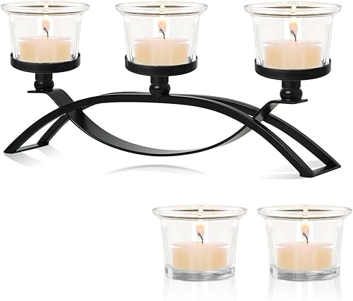 Juego de portavelas de metal de 3 brazos con 5 vasos de vidrio, candelabros votivos para decoración de mesa de boda, reuniones en el hogar y