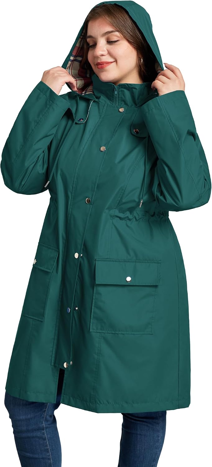 Kikibell Plus Size Rain Jackets for Women Raincoats Waterproof Windbreaker Jacket Hooded Outdoors Trench Coat with Pockets