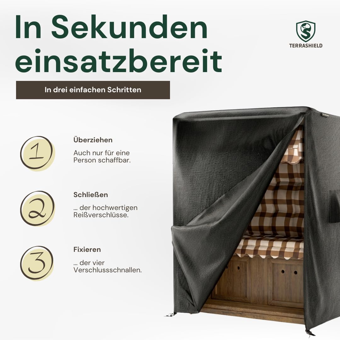 TERRASHIELD® Strandkorb Schutzhülle | wasserdicht winterfest wetterfest UV-beständig atmungsaktiv | 600D Oxford | Abdeckung Strandkorbhülle Abdeckhaube Abdeckplane | 120 x 90 x 160 B/T/H | schwarz
