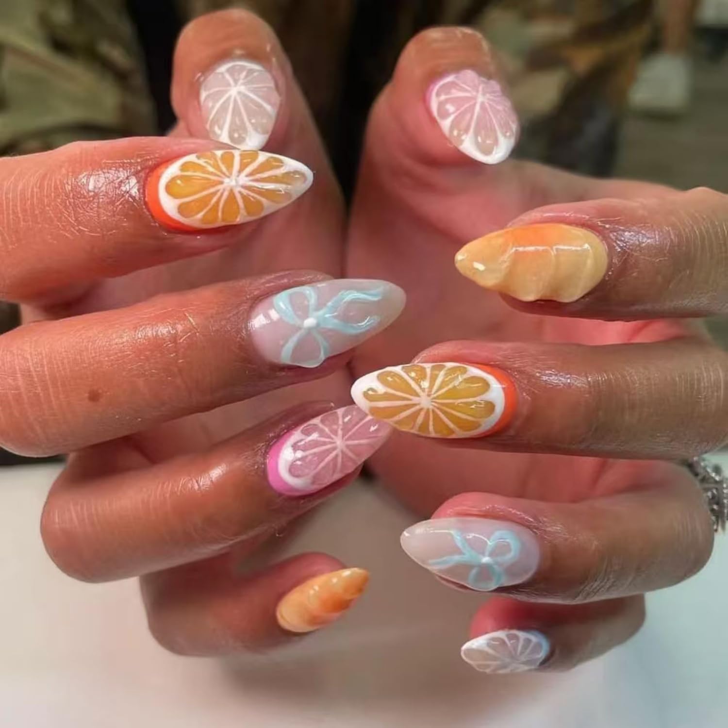 Short Almond Press on Nails for Women Fake Nails Cute Fruit False Nails with Glossy Acrylic Nails 24 Pcs (Orange-17, Nails-17)